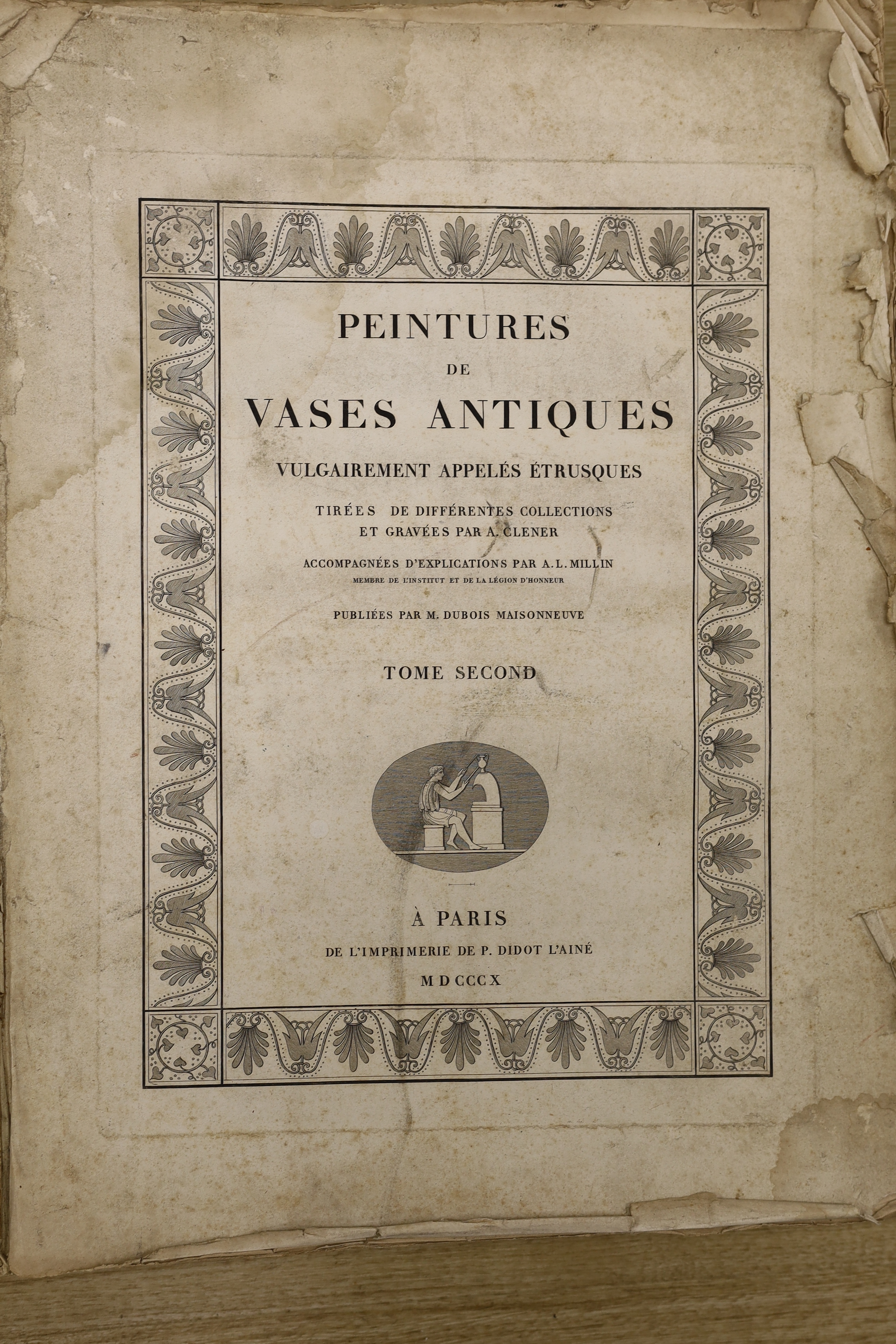 Dubois - Maisonneuve, Charles - Peintures de Vases: vulgairement appetes Etrusques... vol.2 (only). title within decorated border, 78 engraved plates (2 folded); distressed binding - old worn leather spine, upper marbled